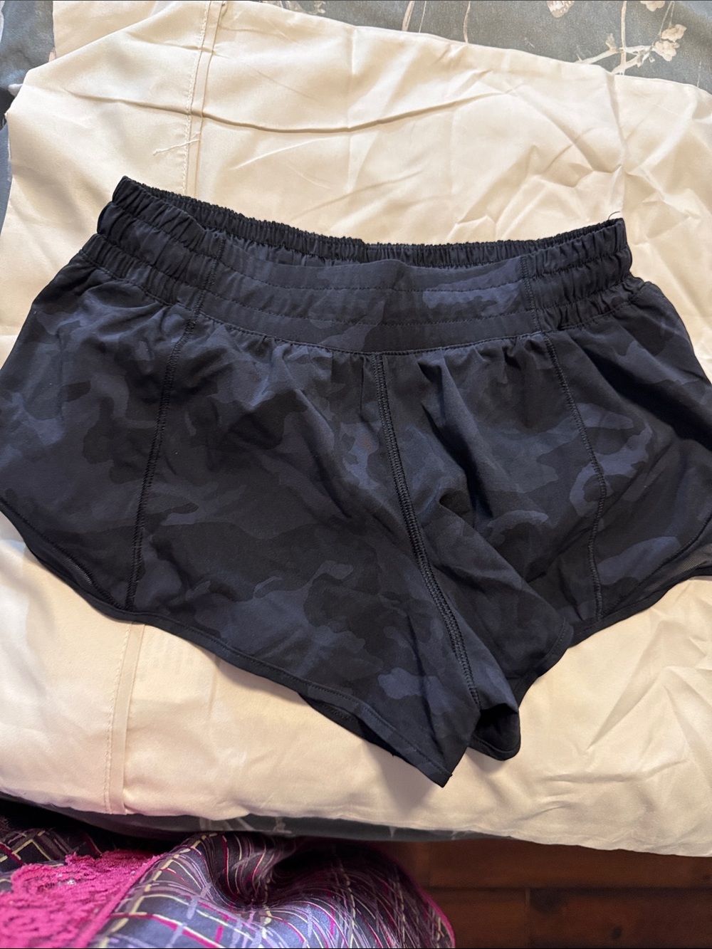 Lululemon Black Camo Athletic Shorts with Elastic Waistband & zipper pocket